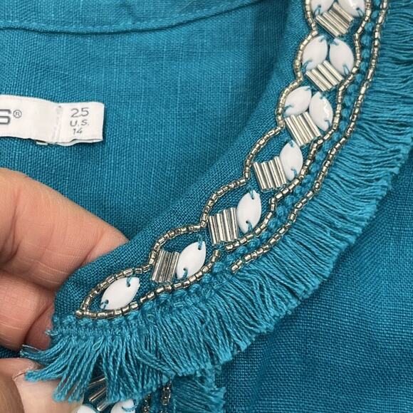 Chico's 100% Linen Embellished Cap Sleeve Dress Tiered Teal Green Midi Size 14 - Picture 8 of 12